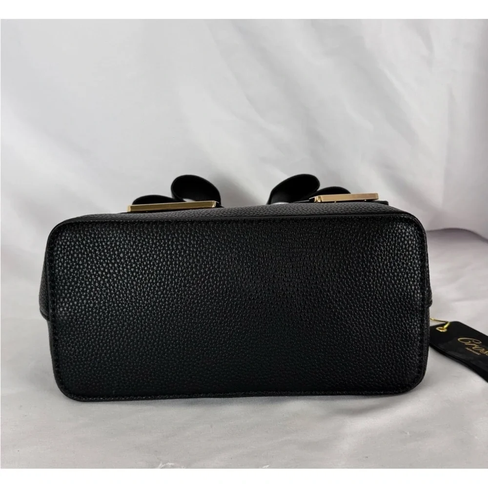 Grosee Black Faux Leather Top Handle Bow‎ Accent Satchel Bag